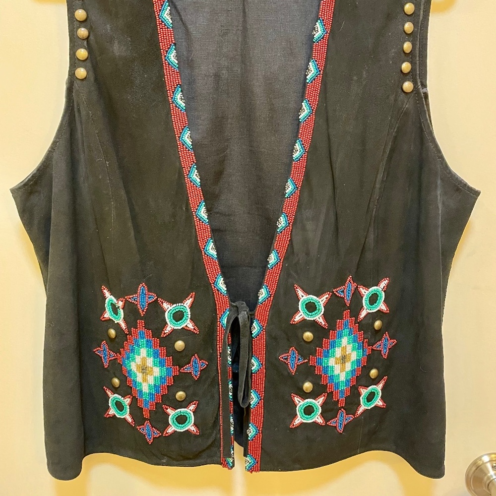 Beaded Suede Black Vest, Size 1X - Picture 2 of 7